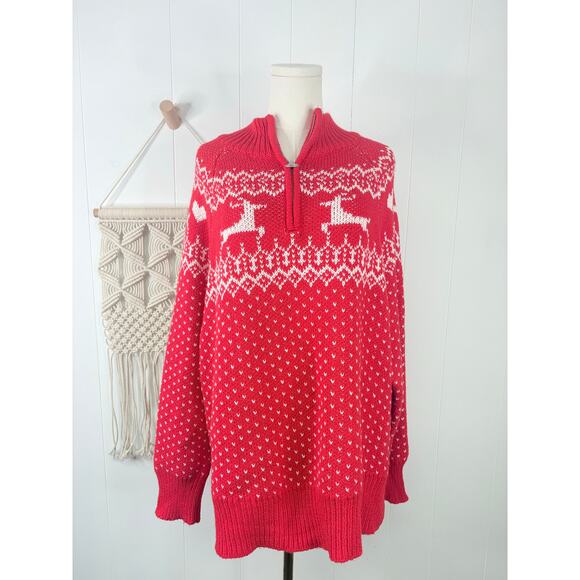 Aerie Red Christmas Sweater Size XL 1/4 Zip Holiday Fair Isle Reindeer - Picture 2 of 9